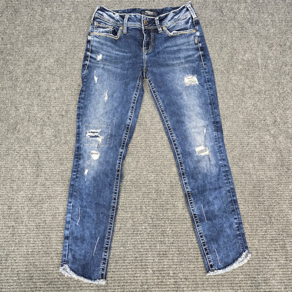 Silver Jeans Suki Skinny Jeans Womens 28x27 Blue Distressed Raw Hem Stretch